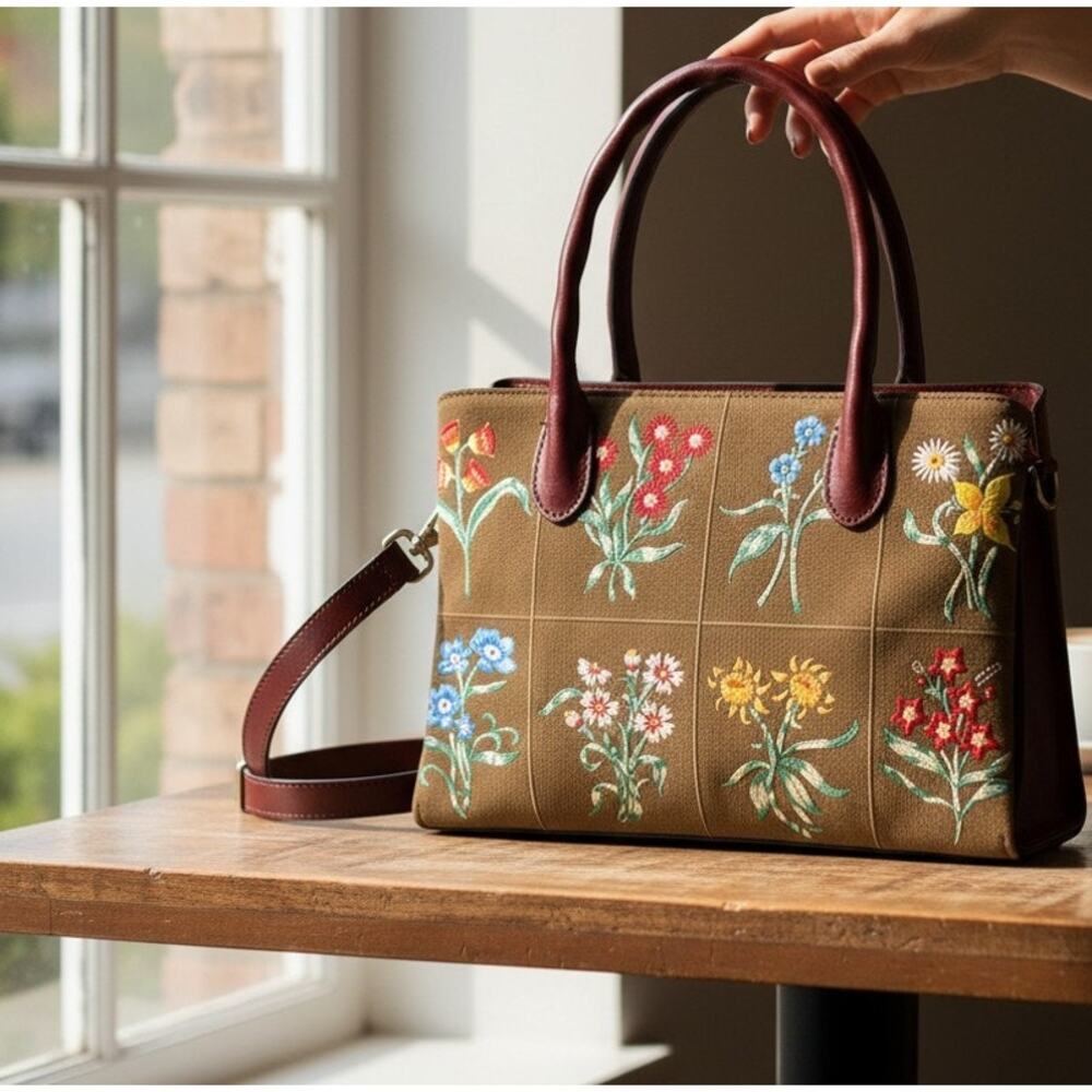 Patricia Nash Tuscan Fields Embroidered Floral Genovese Satchel – Khaki, NWT - Picture 2 of 15